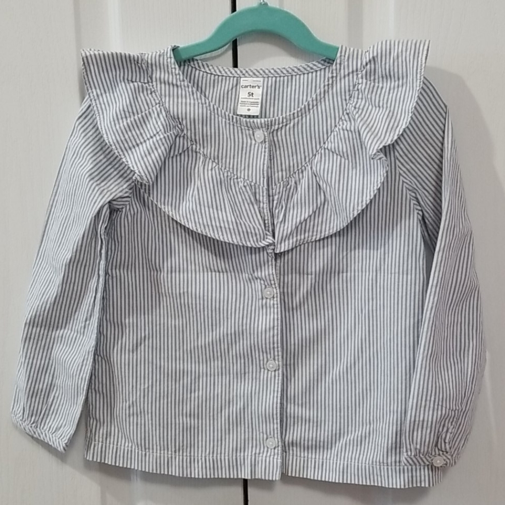 Blue striped button down ruffle dress shirt